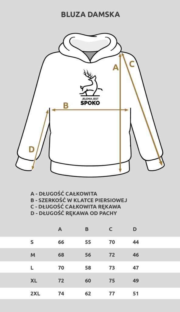 Tabela z rozmiarami dla bluzy damskiej od Jelenia jest SPOKO.
