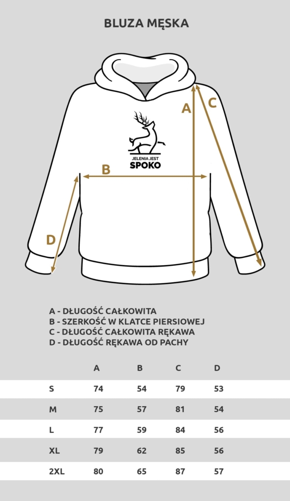 Tabela z rozmiarami dla bluzy męskiej od Jelenia jest SPOKO.