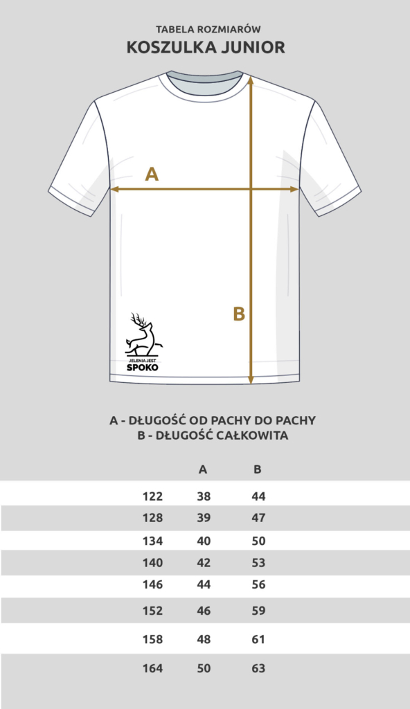 Tabela rozmiarów junior dla koszulek od Jelenia jest SPOKO
